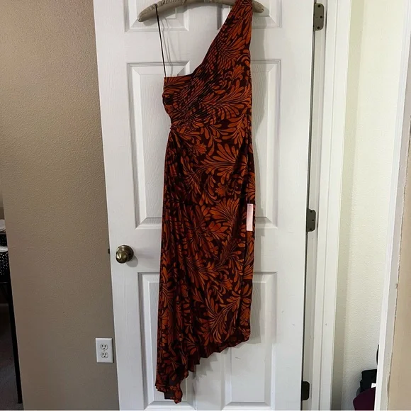 NWT Dress Forum Rust Pleated Print One Shoulder Maxi Dress - Size M - Picture 2 of 5
